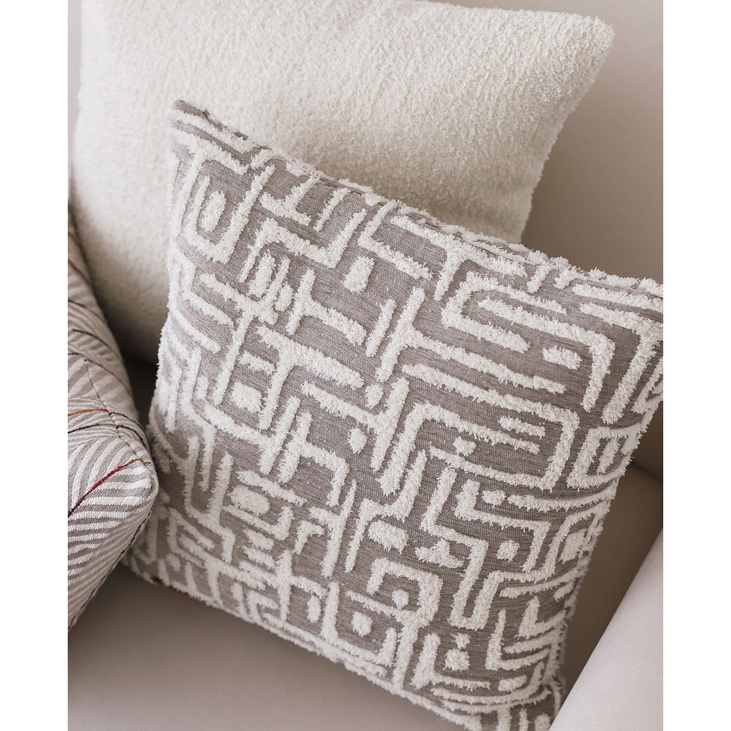 Gilda - Maze Patterned Linen Pillow 18x18 Inch - Beige (Cover Only)
