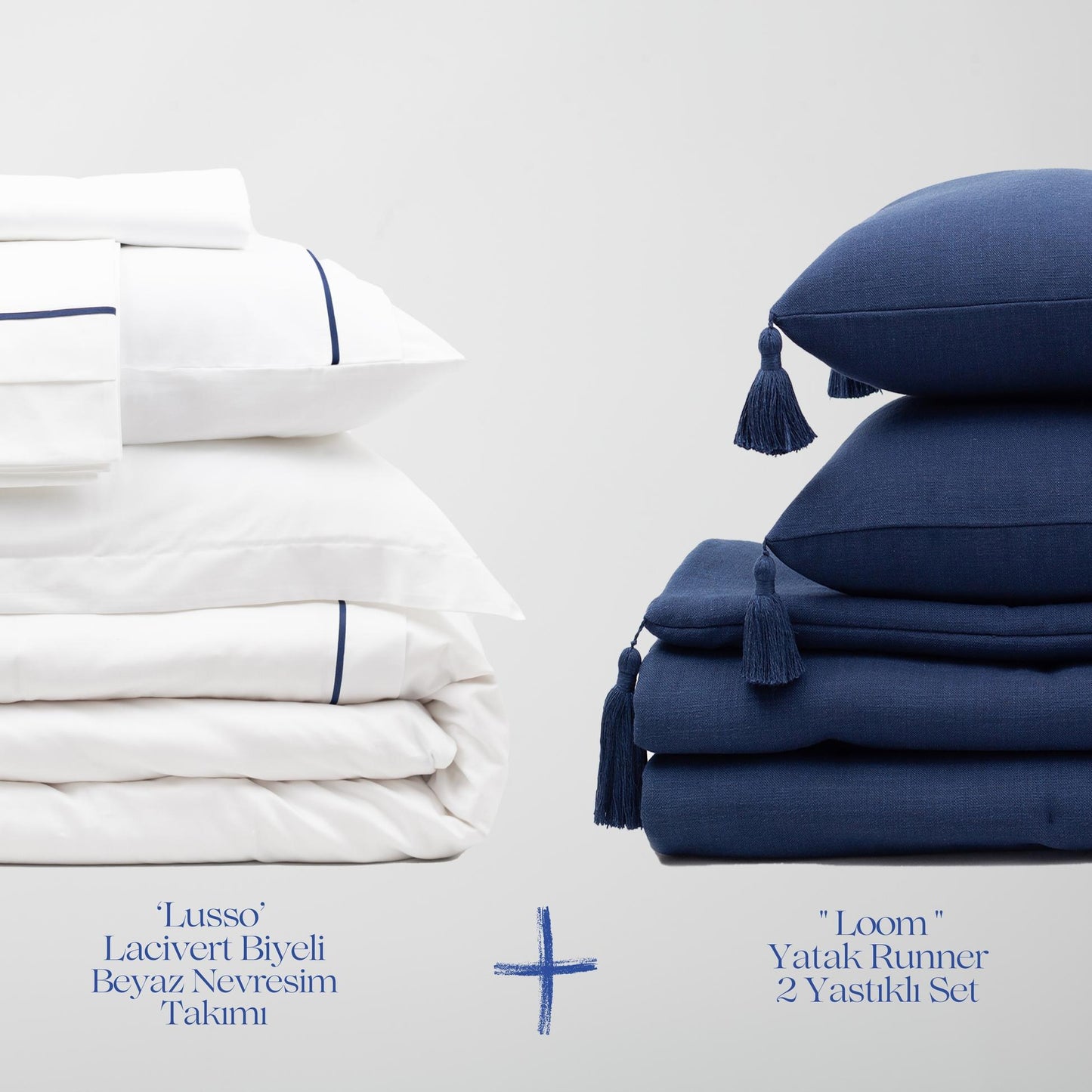 Lusso & Loom Duvet Cover Set + Runner Set of 2 Padded - Navy Blue