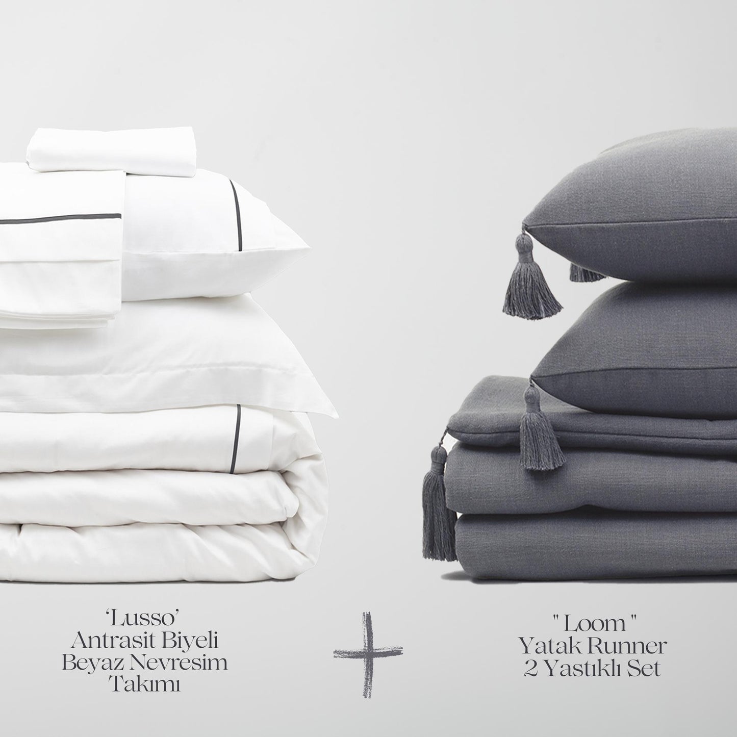 Lusso & Loom Duvet Cover Set + Runner Set of 2 Padded - Dark Grey