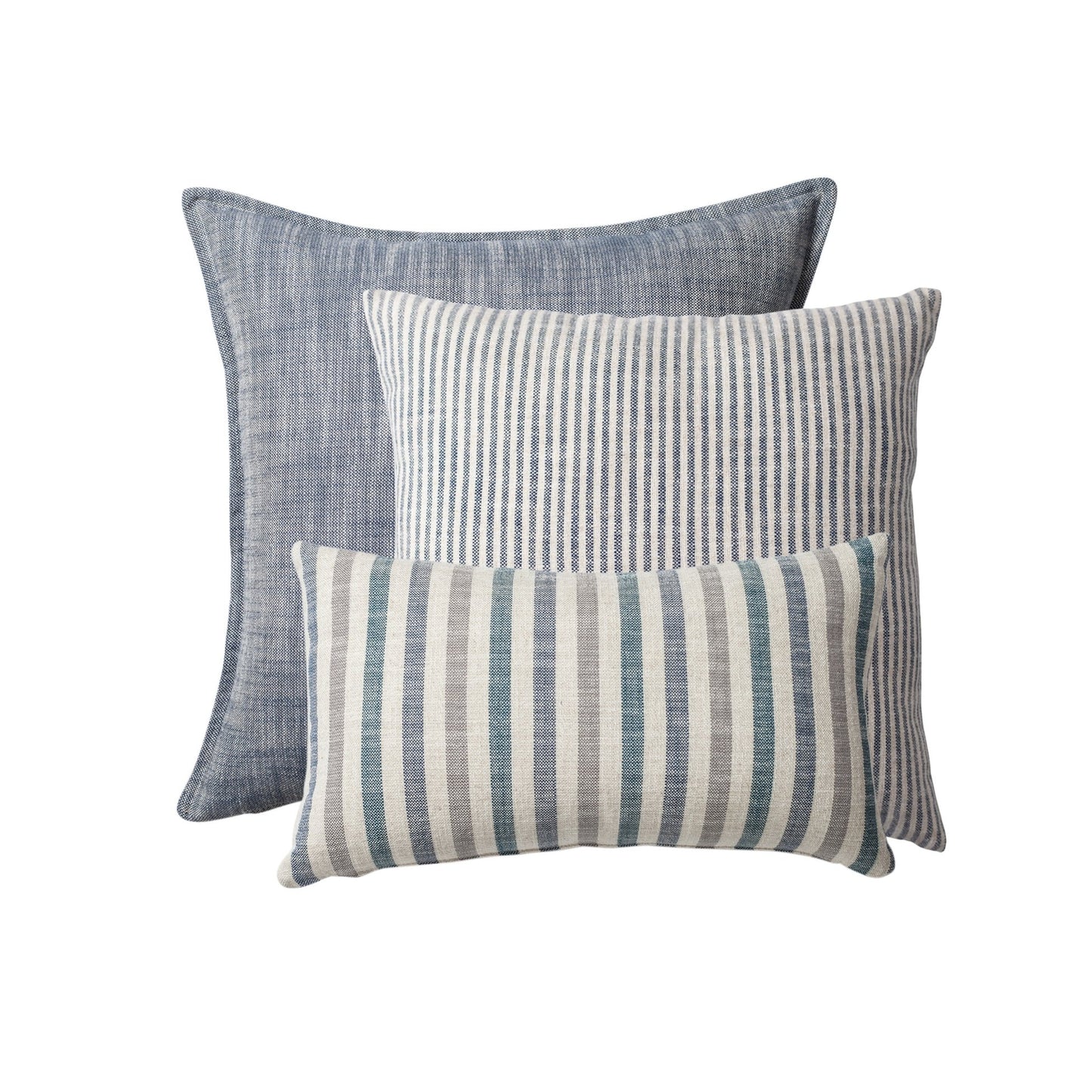 StripeOnStripe - Decorative Pillow - Set of 3 - Blue & Linen