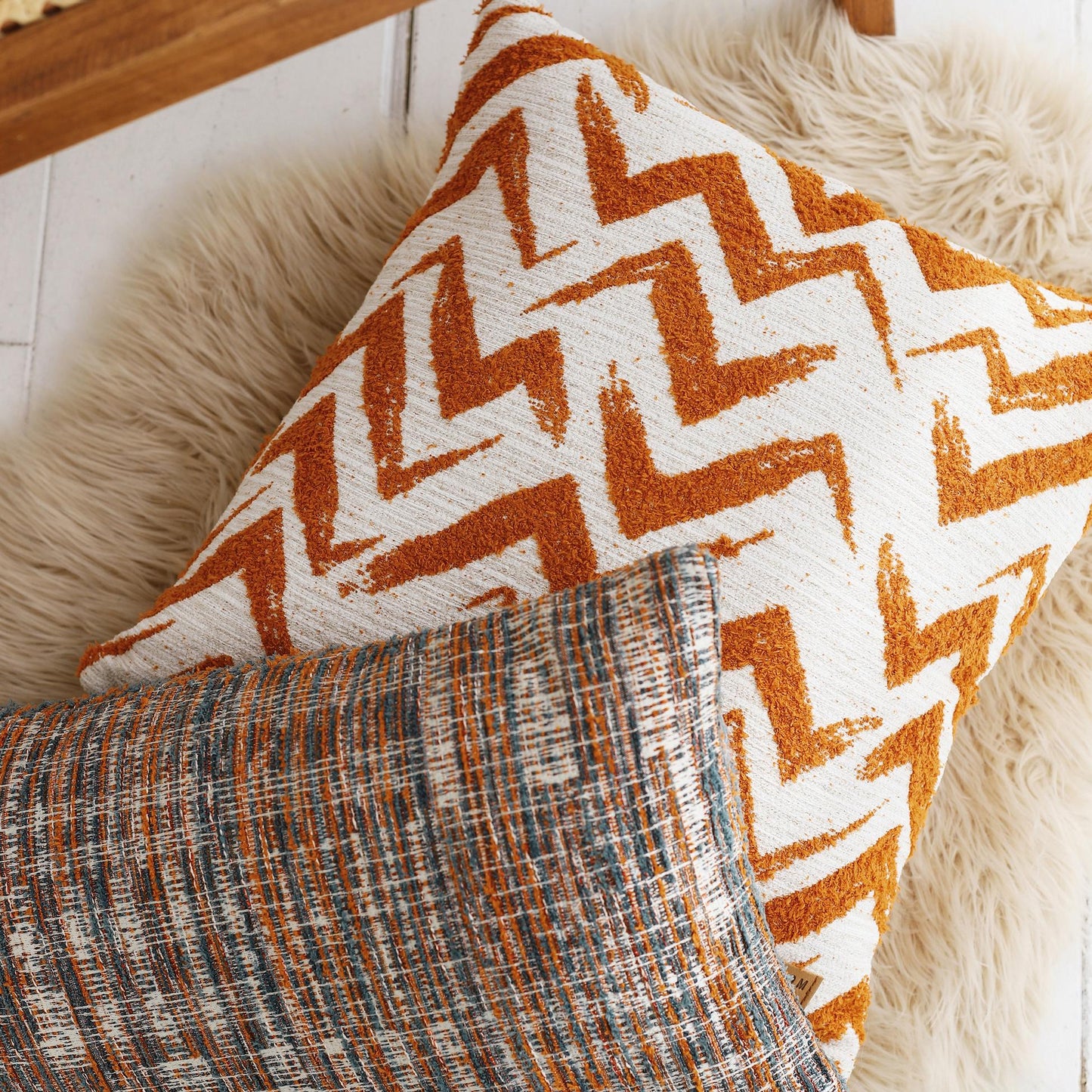 Havana - Zigzag Patterned Linen Pillow 18x18 Inch - Orange & White (Cover Only)