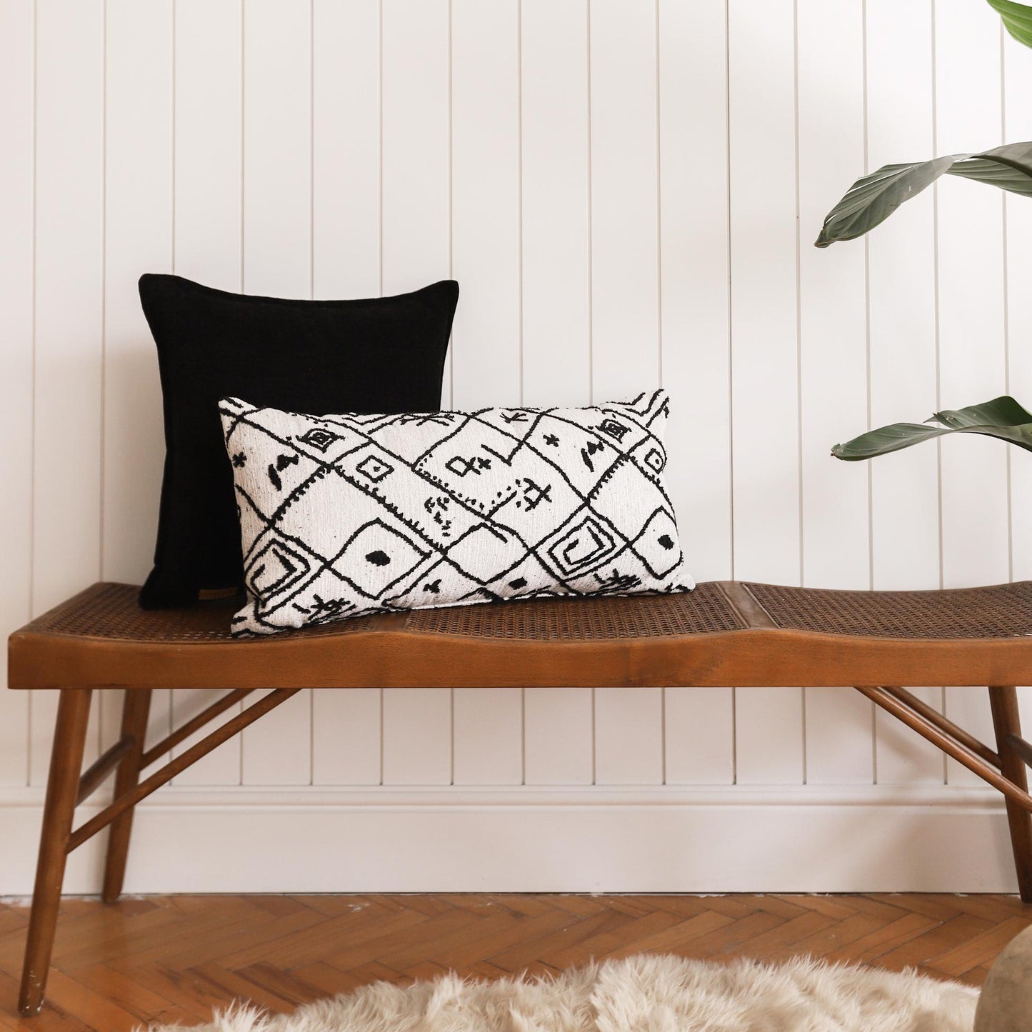 Merino - Ethnic Motif Patterned Pillow 14x28 Inch - Black and White (Cover Only)