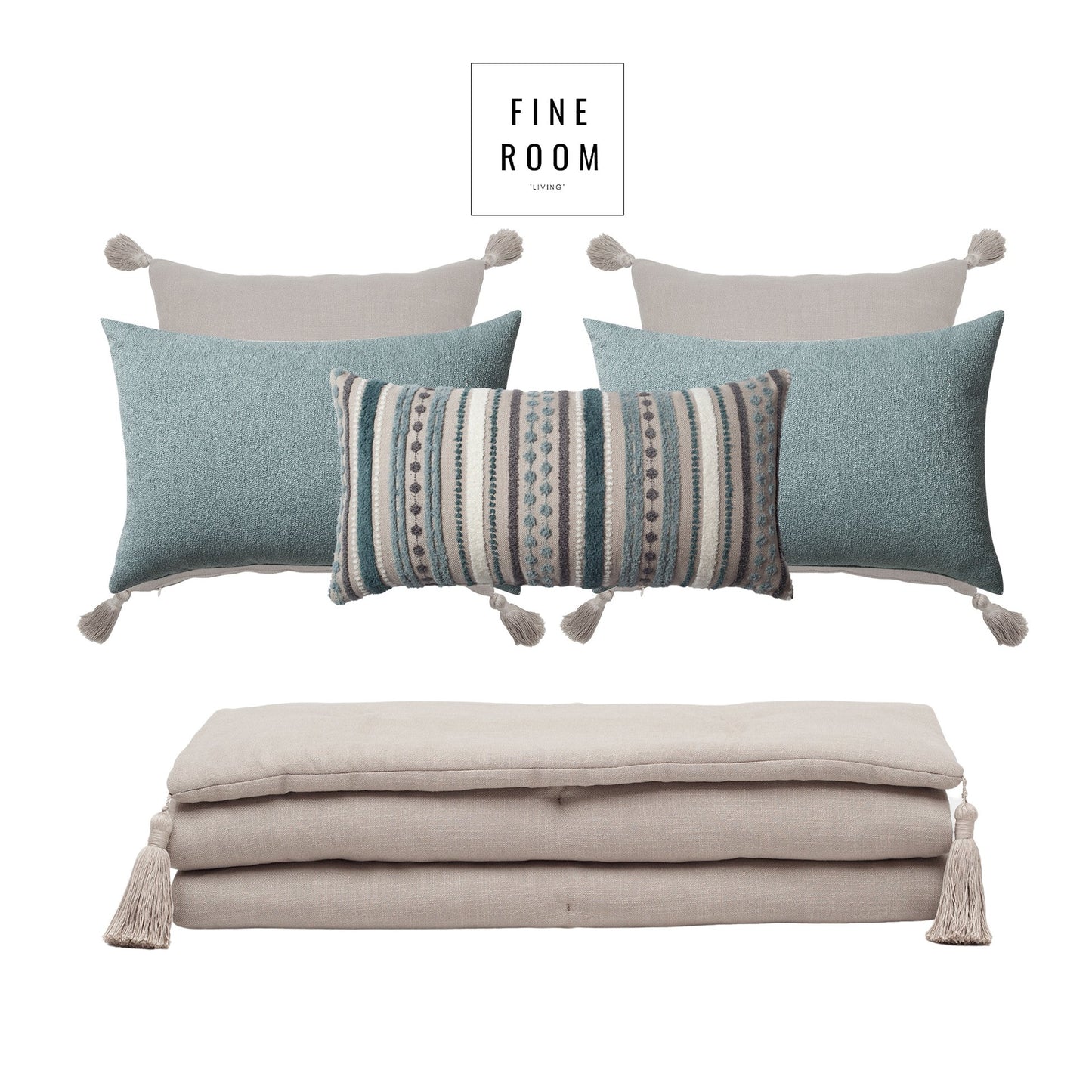 Loom Linen Tasseled Bed Runner + 5 Pillow Set Nomad Julia - Blue (Cover Only)