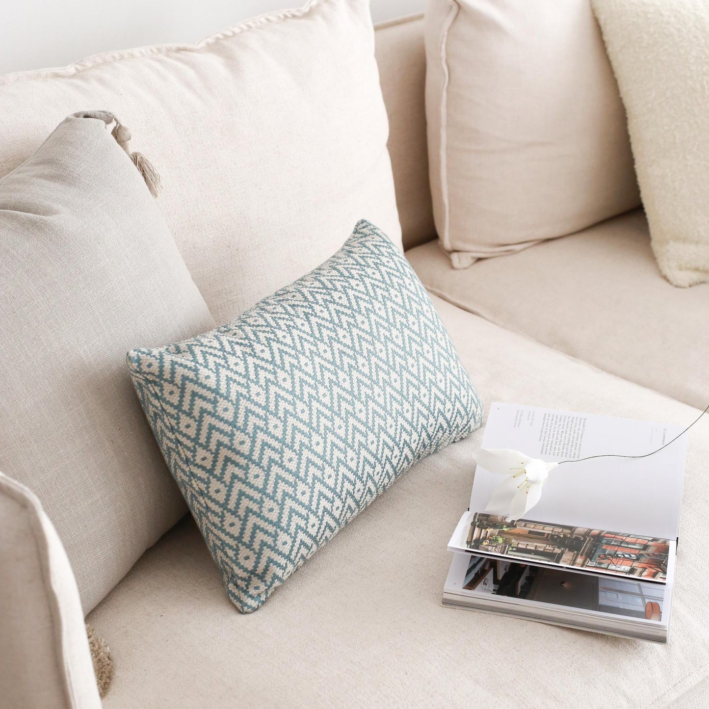 Gusto - Linen Modern Small Patterned Linen Pillow 12x20 Inch - Blue (Cover Only)