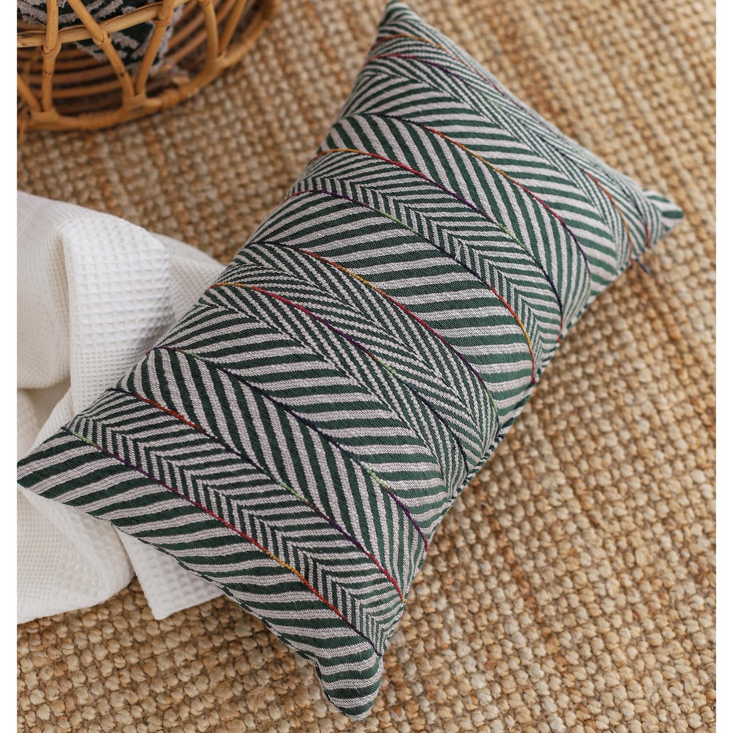 Sense - Linen Gradient Striped Herringbone Patterned Pillow 12x20 Inch - Green (Cover Only)