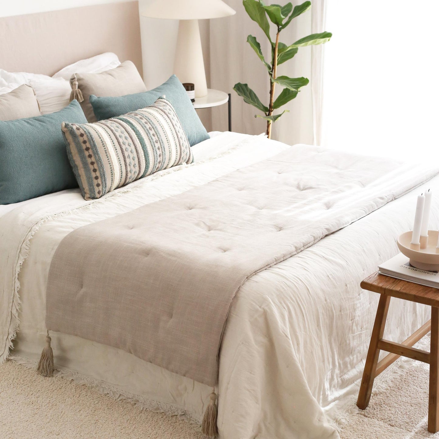 Loom Linen Tasseled Bed Runner + 5 Pillow Set Nomad Julia - Blue (Cover Only)