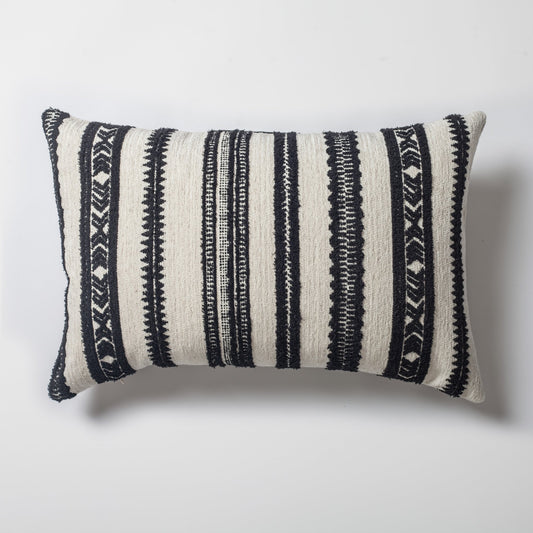 Mitos - Ethnic Striped Patterned 16x24 Inch Pillow - Black & White (Cover Only)