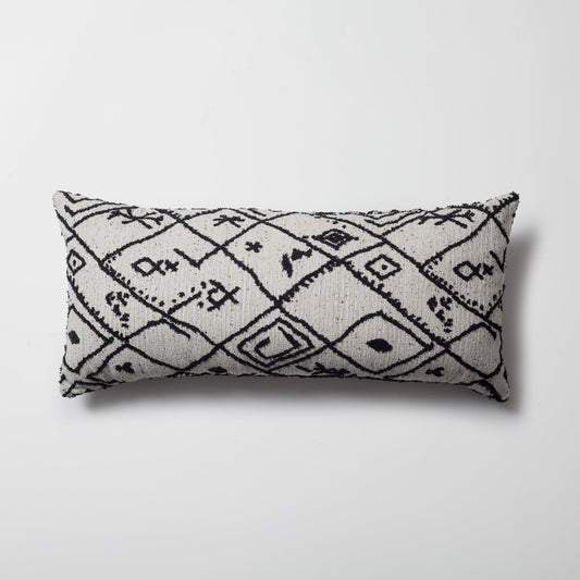 Merino - Ethnic Motif Patterned Pillow 14x28 Inch - Black and White (Cover Only)