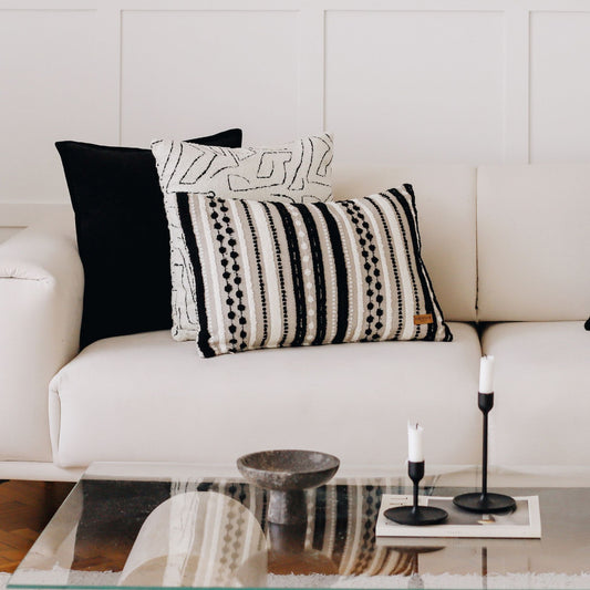 Nomad - Multicolored Striped Linen Decorative Pillow 16x24 Inch - Black & White (Cover Only)
