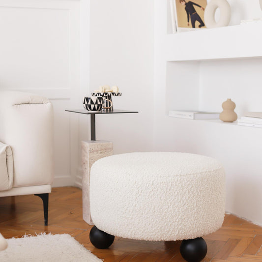 Pop - Puf - Wooden Legged Round Pouf - White (Cover Only)