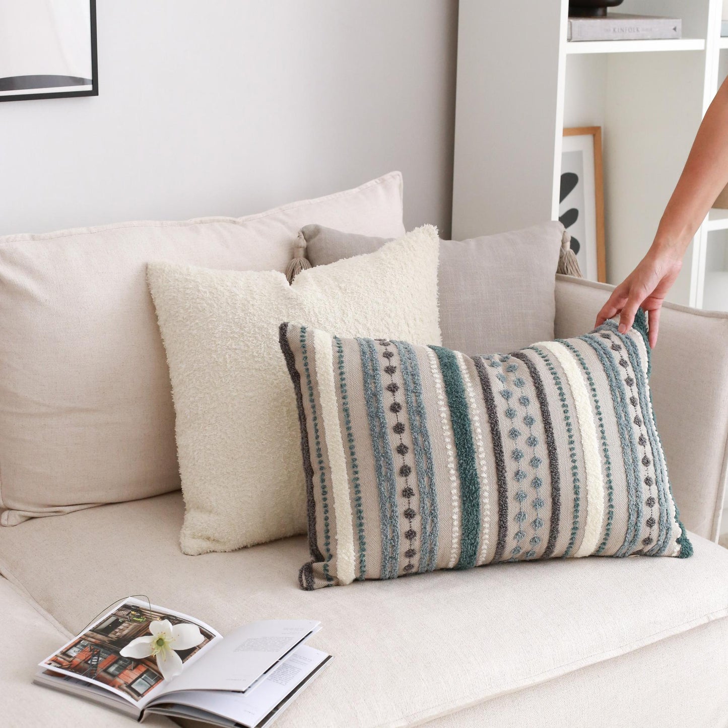 Nomad - Multicolored Striped Linen Decorative Pillow 16x24 Inch - Blue (Cover Only)