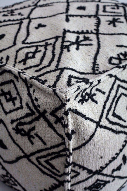 Merino - Ethnic Motif Patterned Pouf - Black & White (Cover Only)