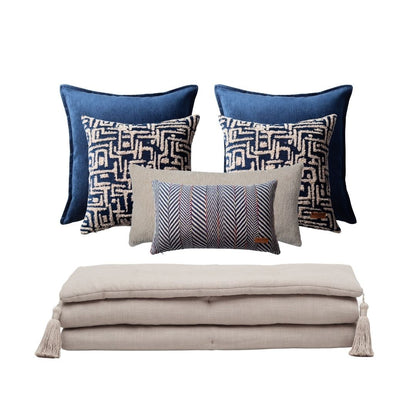 Loom Linen Tasseled Bed Runner + 6 Pillow Set Gilda Sense Navy Blue (Cover Only)