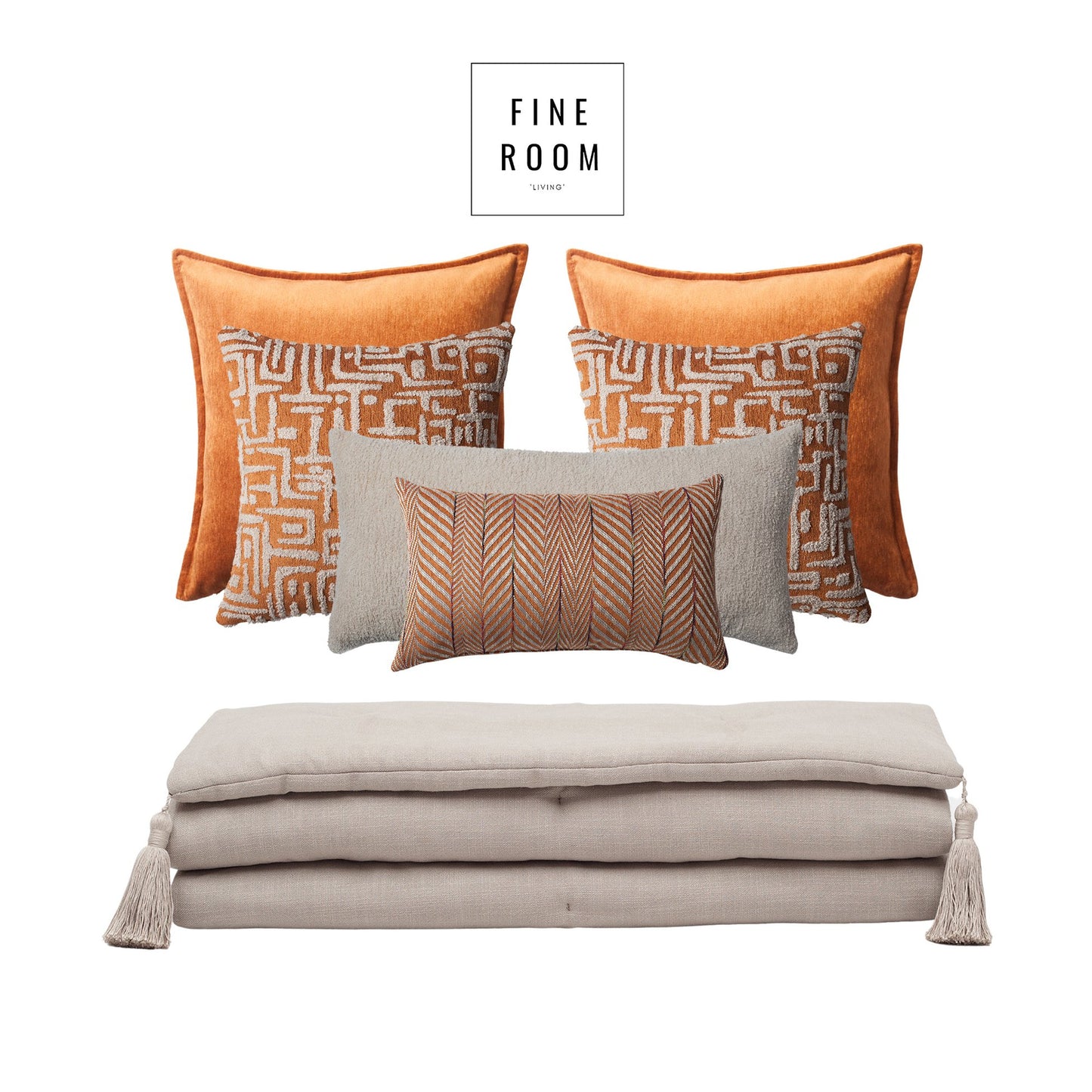 Loom Linen Tasseled Bed Runner + 6 Pillow Set - Orange (Cover Only)