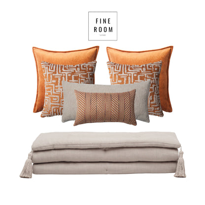 Loom Linen Tasseled Bed Runner + 6 Pillow Set - Orange (Cover Only)