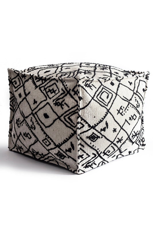 Merino - Ethnic Motif Patterned Pouf - Black & White (Cover Only)
