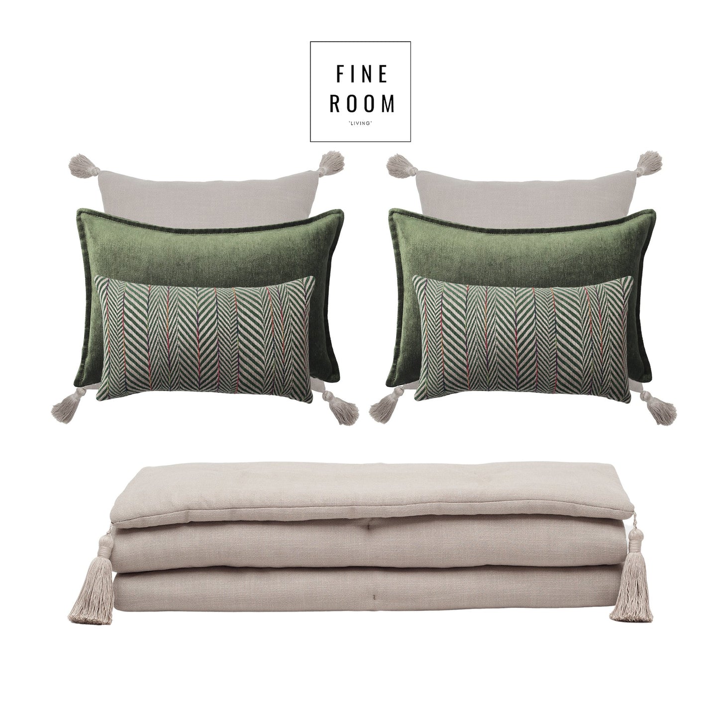 Loom Linen Tasseled Bed Runner + 6 Pillow Set Eliza Sense - Green (Cover Only)