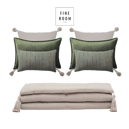 Loom Linen Tasseled Bed Runner + 6 Pillow Set Eliza Sense - Green (Cover Only)